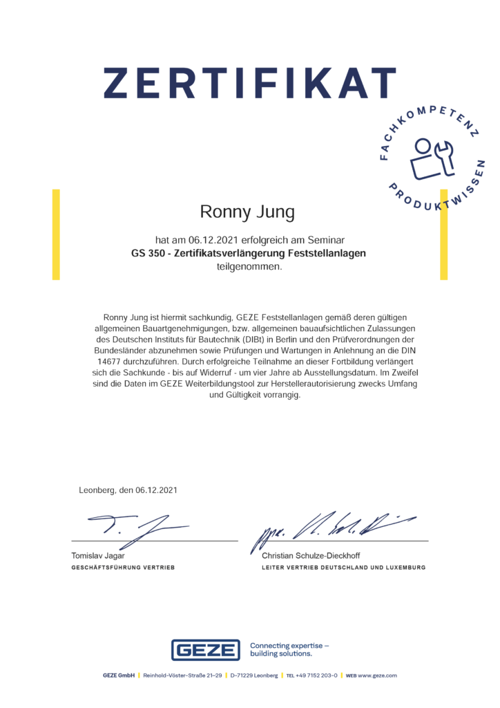 Jung_GEZE Feststellanlagen_Zertifikatsverlängerung 2021